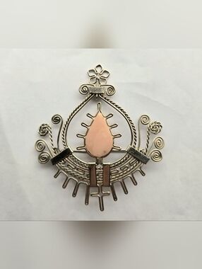 Vintage Artisan Metal Filigree Brooch w/ Rose Quartz Stone Tribal Boho